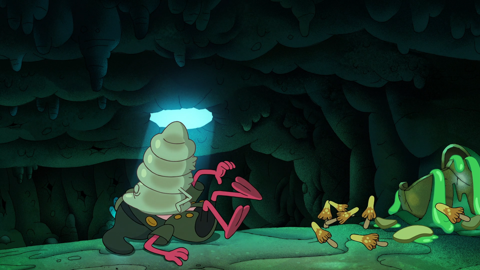 In the ant queen's cave, an ant larva clings to Sprig's whole face as he flails on the ground.