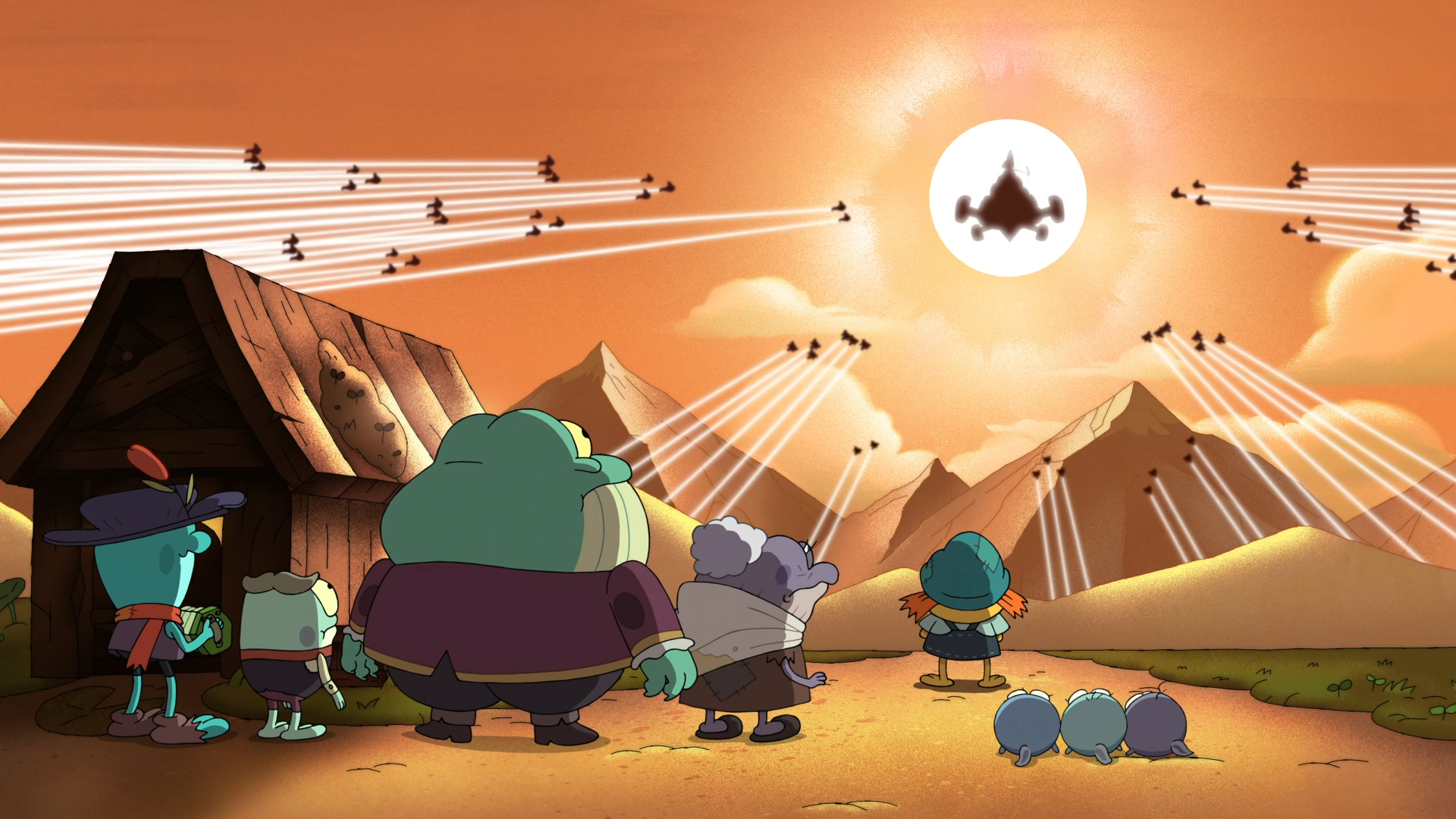 Wally, Toadstool, Toadie, Ivy, Mrs. Croaker, and Maddie's sisters all watch from a distance as hoards of robots fly toward a giant castle in the sky, backlit by a white circular sun.